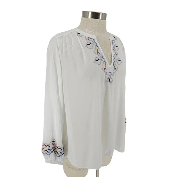 Ann Taylor LOFT Shirt White Embroidered Long Sleeve V Neck Peasant Top Petite - Picture 3 of 7